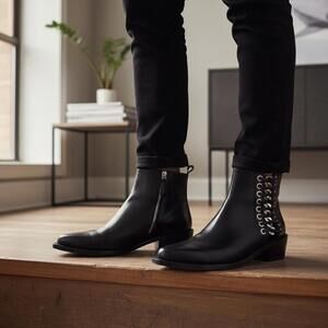 Alexander McQueen black leather cowboy booties with silver hardware 38.5